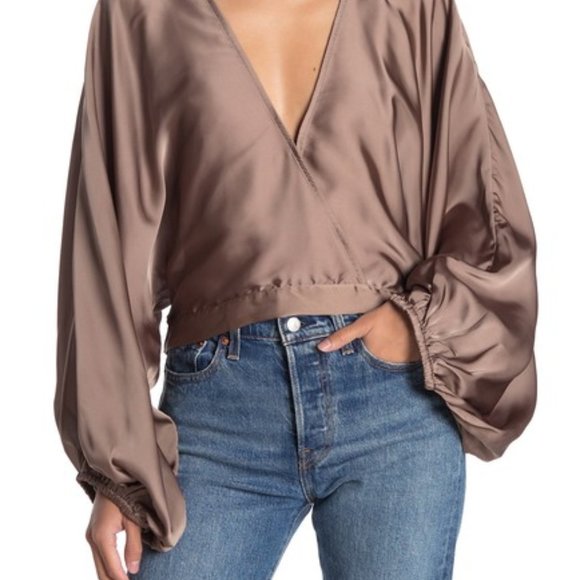 Free People Midnight Vibes Satin Blouse Taupe NEW - Picture 5 of 11